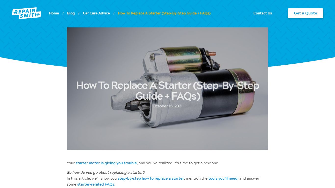 How To Replace A Starter (Step-By-Step Guide - RepairSmith